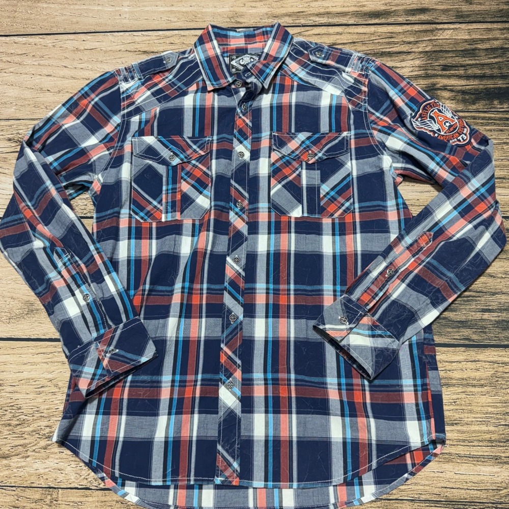 Affliction Button Down Shirt Men XL Navy Orange Plaid Slim American Customs Moto